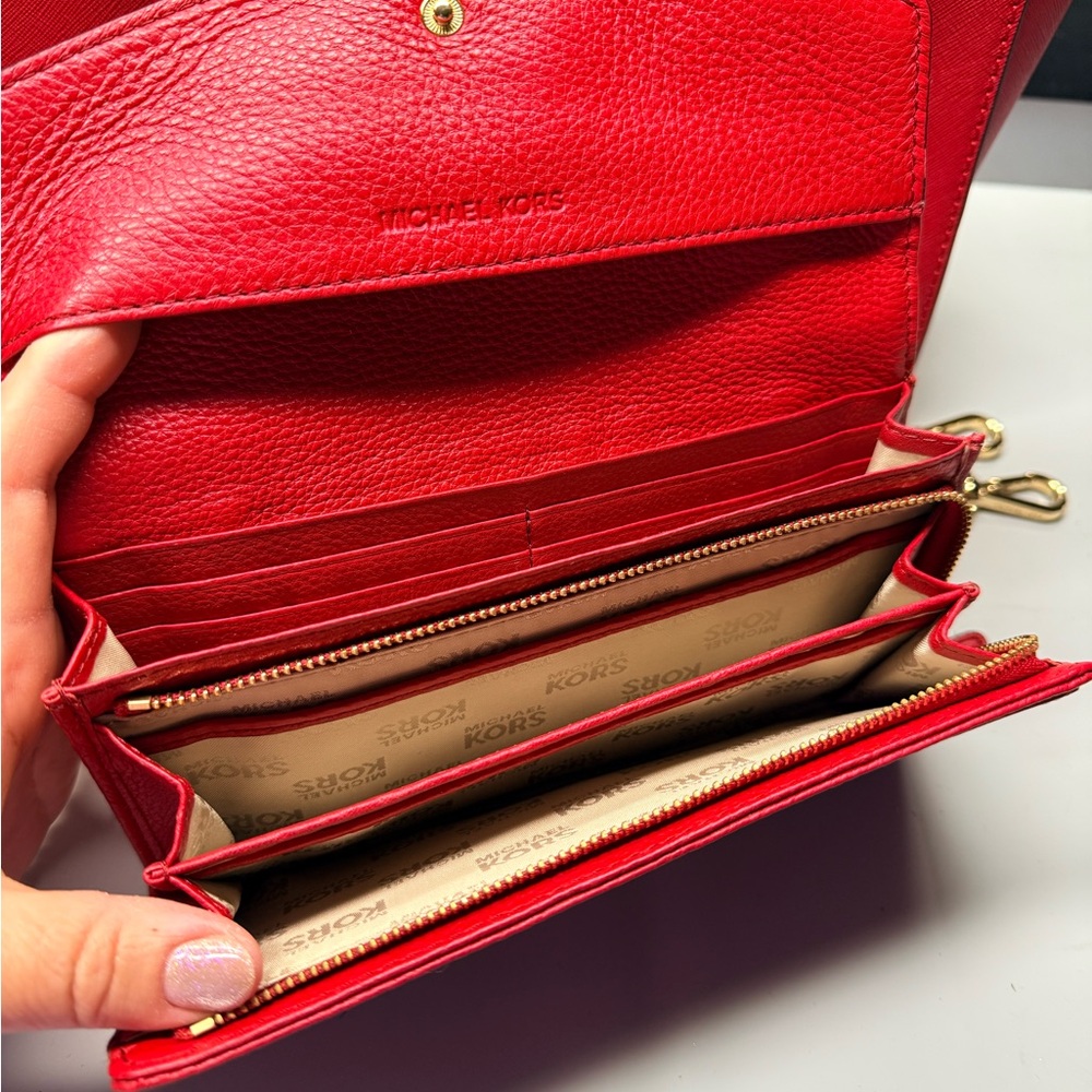 Michael Kors Red Satchel Top Handle Bag & Strap Wallet Set Gold Hardware - Picture 3 of 11